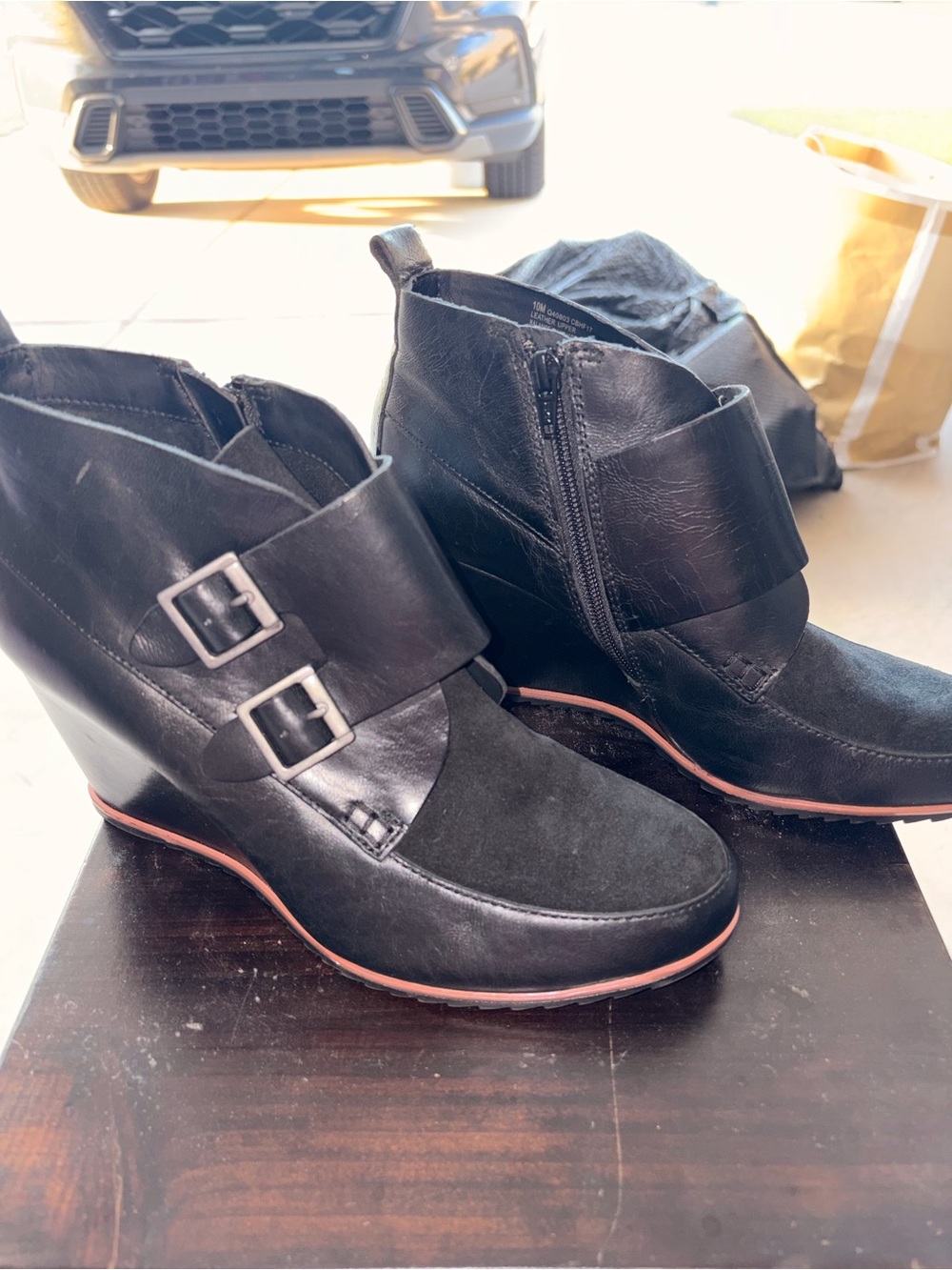 Kork-Ease Black Wedge Ankle Booties with Double Buckle